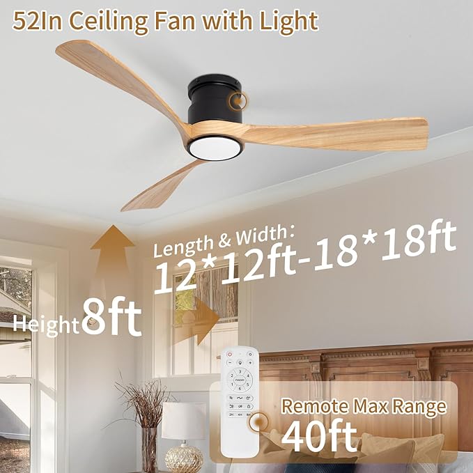 52inch Ceiling Fan with Lights,Wood Flush Mount Ceiling Fans with Remote Control,Dimmable Light,3 CCT,6 Speeds,Noiseless DC Motor,Ceiling Fan for Bedroom,Living Room,Office,Indoor,Natural Wood
