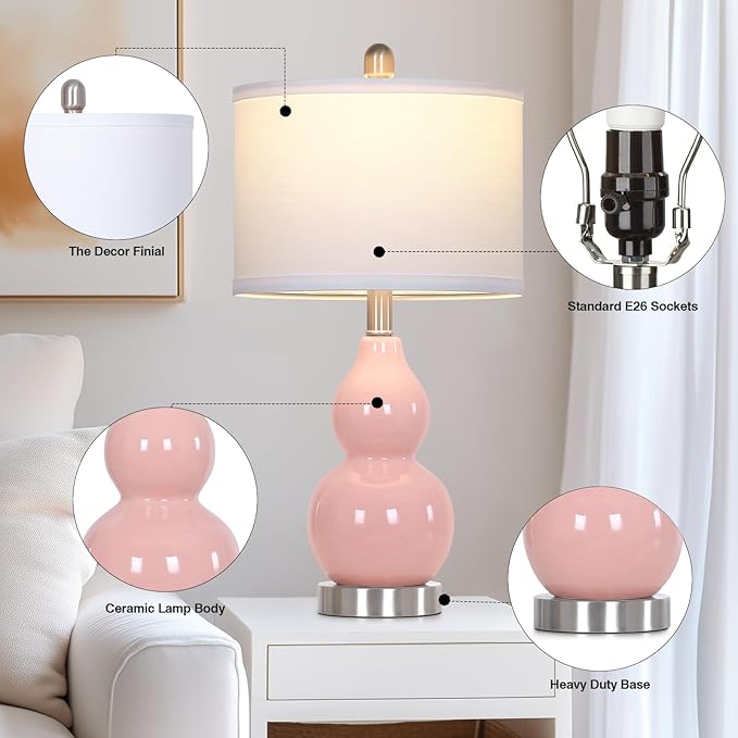 Double Gourd Ceramic Table Lamps Set of 2, Modern Pink Bedside Lamps for Night Stand, Contemporary Nightstand Lamps for Bedroom Living Room (Bulb Included)