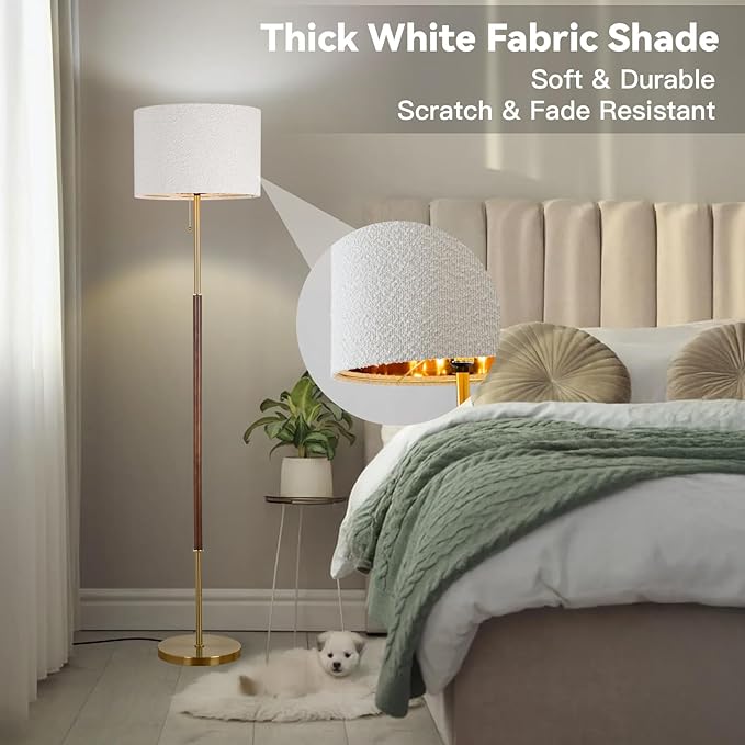 Wood Floor Lamp for Living Room Gold Traditional Farmhouse Floor Lamps Mid-Century Pole Lamp with Linen Lamp Shade, Standing Tall Floor Lamps for Bedrooms and Office (Gold)