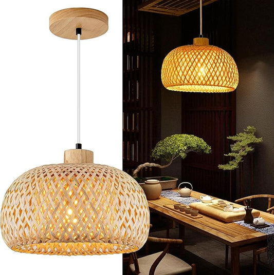 18inch Bamboo Rattan Pendant Lights, Hand-Woven Wicker Boho Hanging Ceiling Lights Fixture, Beige Pendant Lamp Rustic Farmhouse Chandelier for Kitchen Island, Dining Room, Bedroom, Living Room
