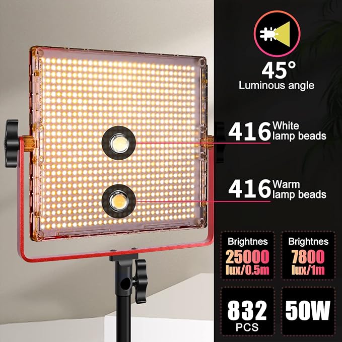 GVM 2 Pack of LED Video Light Kit, 50W Dimmable Bi-Color Photography Lighting, 3200K-5600K, 832Pcs LED Beads, 25000lux/0.5m, Intelligent APP Control