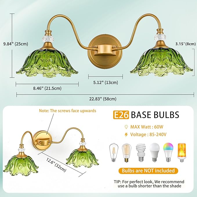 Vintage Bathroom Vanity Light, 2-Light Matte Brass Finish Vanity Light with Floral Green Glass Shades, Retro Wall Sconce for Bathroom, Dressing Table