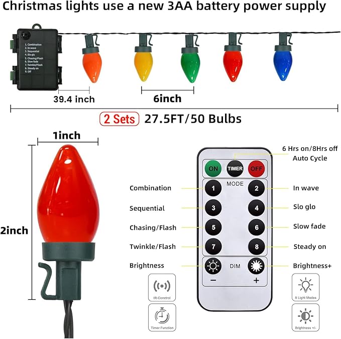 100 LED C7 Multicolor Christmas Lights Battery Operated with 8 Mode Remote Control, 2 Sets 27.5FT Colorful Christmas Tree Lights with 2 * 50pcs Twinkle C7 Light Bulbs for Home Porch Yard Decorations
