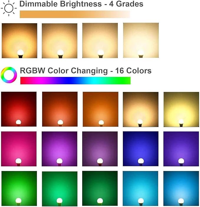RGB Color Changing Light Bulbs,9W RGB LED Light Bulbs,40W Equivalent A19 E27/E26 Warm White 6500K,16 Color Multicolor Light Bulb Dimmable Light for Home Party Bedroom Outdoor(1Pack)