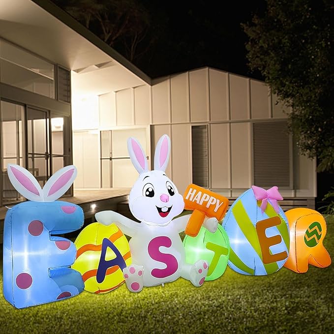 Joliyoou 8FT L Easter Inflatable Yard Decoration, Lighted Blow Up Bunny Sitting with Easter Eggs, Light Up Air Blown Rabbit Happy Easter for Spring Holiday Lawn Garden Indoor Outdoor Decors