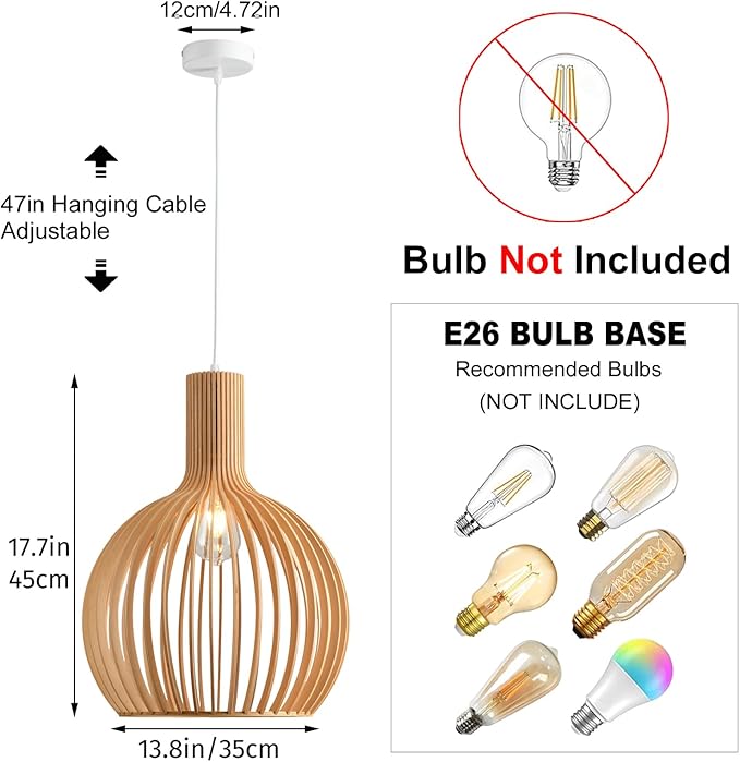Wood Pendant Light, Natural Weaving Hanging Lamp, E26 Base Wooden Hand Made Chandelier, Boho Height Adjustable Dining Table Hanging Lamp for Bedroom Bar Café Kitchen Island Hallway Living Room