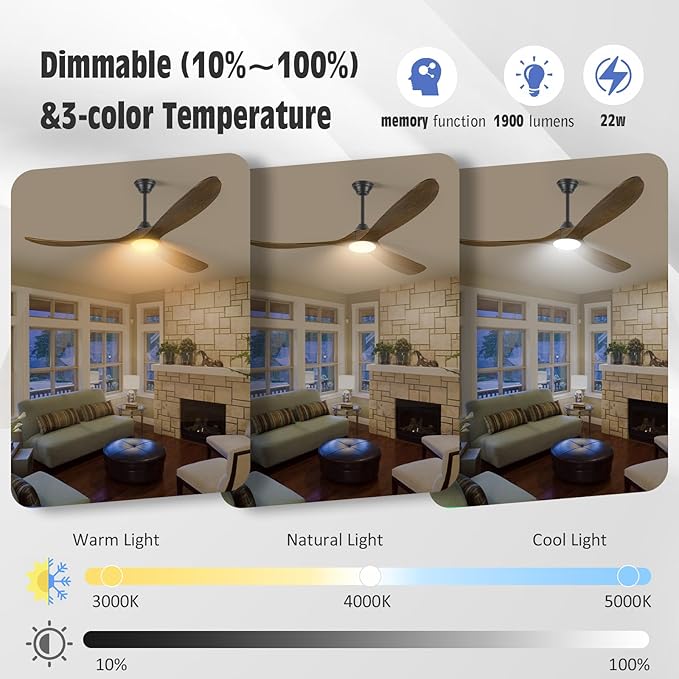 60 Inch Indoor Outdoor Ceiling Fan with Light and Remote, 3 Brown Wood Propeller Blades, Quiet Reversible Energy Efficient DC Motor, Damp Rated for Patio Porch Gazebo Bedroom, Rustic Farmhouse