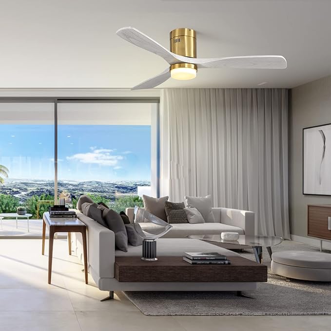 52" Flush Mount Ceiling Fans with Lights Remote Control,Dimmable LED, Indoor Outdoor for Bedroom,Patios Noiseless DC Motor,Golden Body