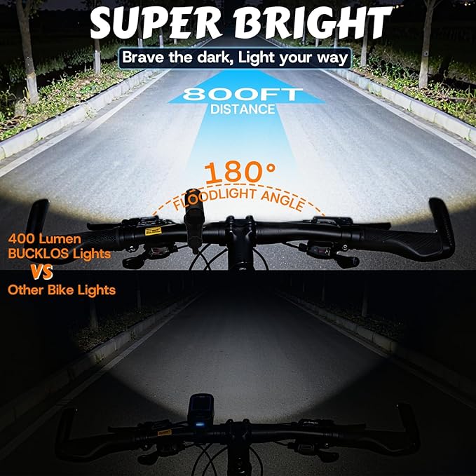 BUCKLOS 1500 1200 800 600 400 Lumens Super Bright Bike Lights for Night Riding, Bicycle Headight with Rotatable Lens LED USB Rechargeable 5/6 Modes, IP66 Waterproof Front Light, Long Battery Powered