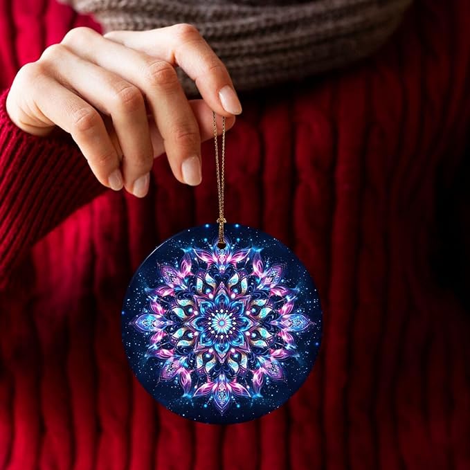 Glowing Mandala Bohemian Christmas Ornaments, Christmas Decorations Xmas Tree Hanging Ornaments, Round Ceramic Festive Keepsake Gift for Xmas Decorations Holiday Home Decor