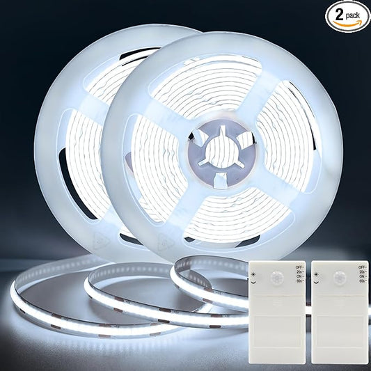 DBFAIRY 2 Pack COB Motion Sensor Strip Light Battery Operated, 6.6Ft 640 LED Cabinet Strip Lights High Bright with Sensor Lighting Mode for Wardrobe Stair Pantry Counter Cabinet Bed,6000K White