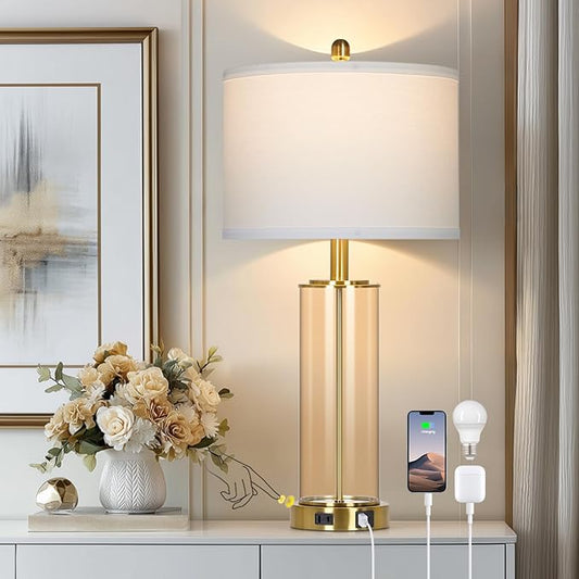 26" Glass Table Lamp Single, 3-Way Dimmable Touch Control Living Room Lamp with USB C+A Ports & AC Outlet, Modern Bedside Lamps, Bedroom Lamps for Nightstand Side End Table Desk, Brown-1PK