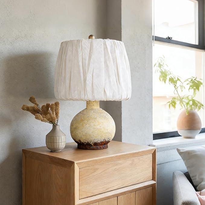 15.5" Antique Ceramic Table Lamp, Small Farmhouse Desk Lamp with Pleated Lampshade, Modern Table Lamps for Bedside Bedroom and Living Room - Side Table Lighting Lamps Replacement (White)