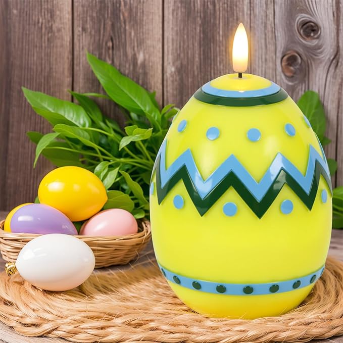 Eldnacele Easter Flameless Candles with 6H Timer, Battery Operated Egg Shaped 3D Wick Flickering Candle Real Wax Yellow LED Candles for Easter Party Spring Dinner Decor(2.4"×6.3")