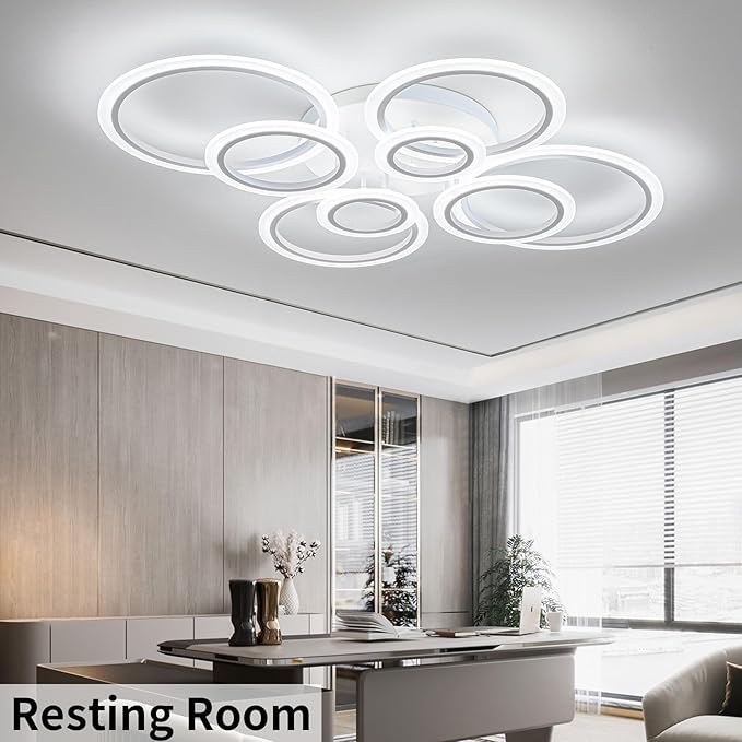 Modern LED Ceiling Light, Dimmable LED Chandelier Flush Mount Ceiling Lights, Remote Control Acrylic Ring Ceiling Lamp Fixture for Living Room Dining Room Bedroom (White, 8 Rings)