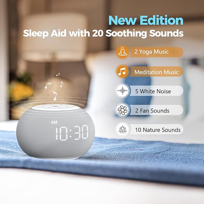 Reacher Auto-Dimmable Sound Machine Alarm Clock with Night Light, 20 Soothing Sounds, LED Digital Display, Sleep Timer, Precise Volume Control, White Noise Soother for Baby, Adults, Bedrooms