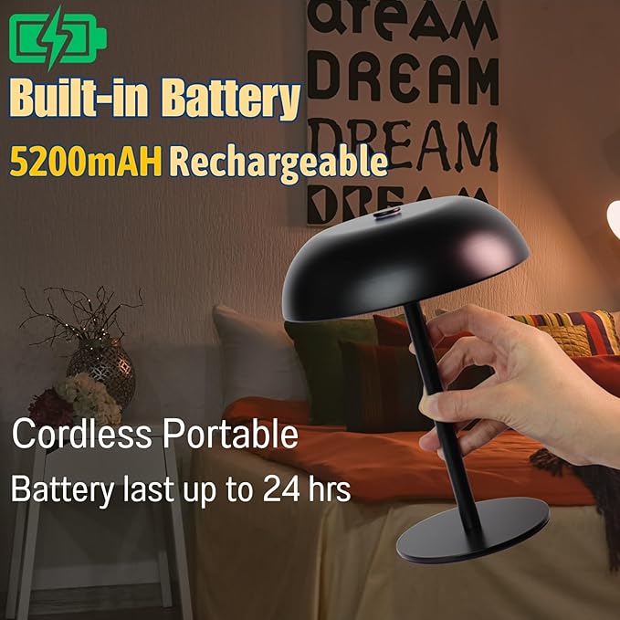 Portable LED Mushroom Table Lamp, 8.46'' Small Cordless Desk Night Light with 5200mAh Rechargeable Battery, Stepless Dimming Lamp with 3 Colors for Bedroom/Bar/Coffee Shop (Black)