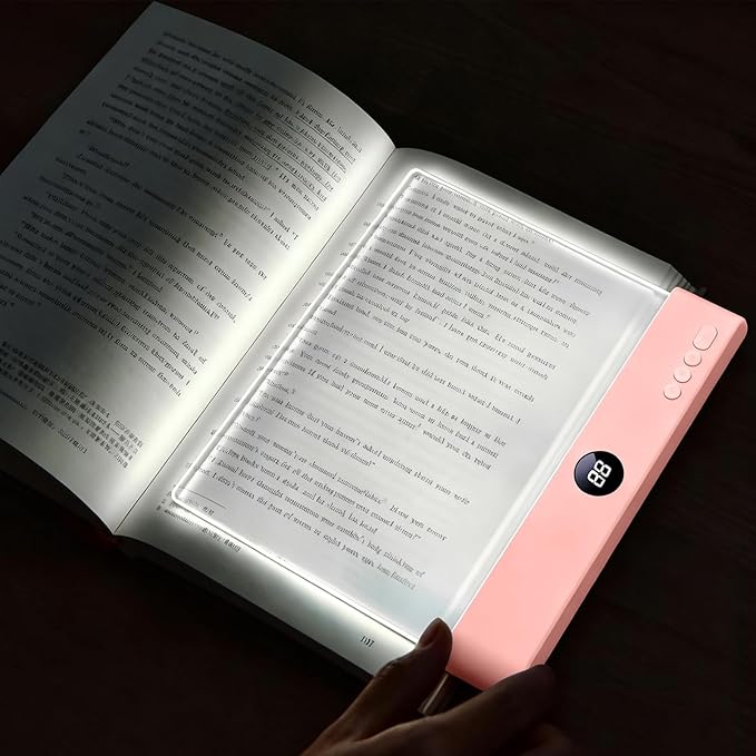 Flat Book Light, Rechargeable Clear LED Flat Reading Light with 3 Colors & Timer, Dimmable Panel Plate Book Lamp Full Page Light, Eye Protection, Book Lights for Reading at Night (Pink)