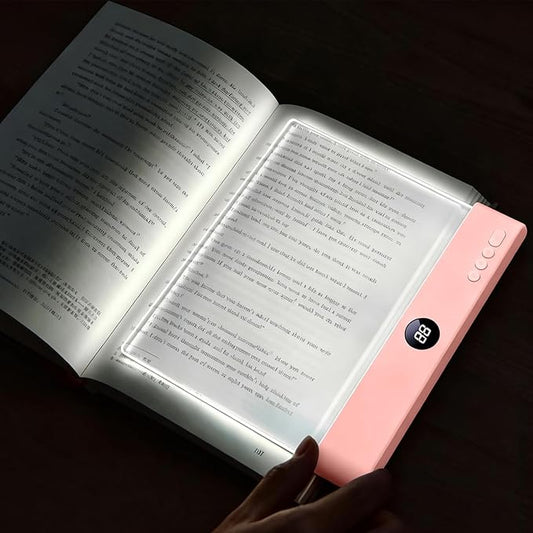 Flat Book Light, Rechargeable Clear LED Flat Reading Light with 3 Colors & Timer, Dimmable Panel Plate Book Lamp Full Page Light, Eye Protection, Book Lights for Reading at Night (Pink)