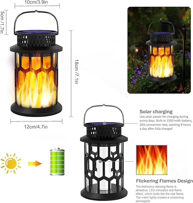 Sola Lanterns Outdoor Waterproof, Flickering Flame Hanging Solar Lanterns Solar Powered Wireless Lantern Decorative Lighting for Halloween Party,Patio,Garden,Yard,Pathway