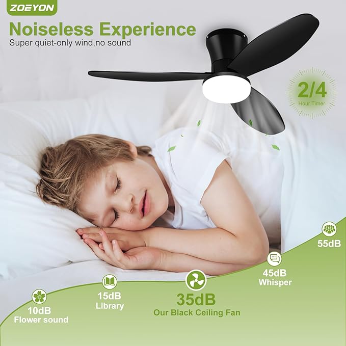 Small Ceiling Fan with Light - 42 Inch Flush Mount Ceiling Fan with Lights and Remote, Low Profile Ceiling Fans with 3 Reversible Blades, 6 Wind Speeds, Black Ceiling Fans for Bedroom