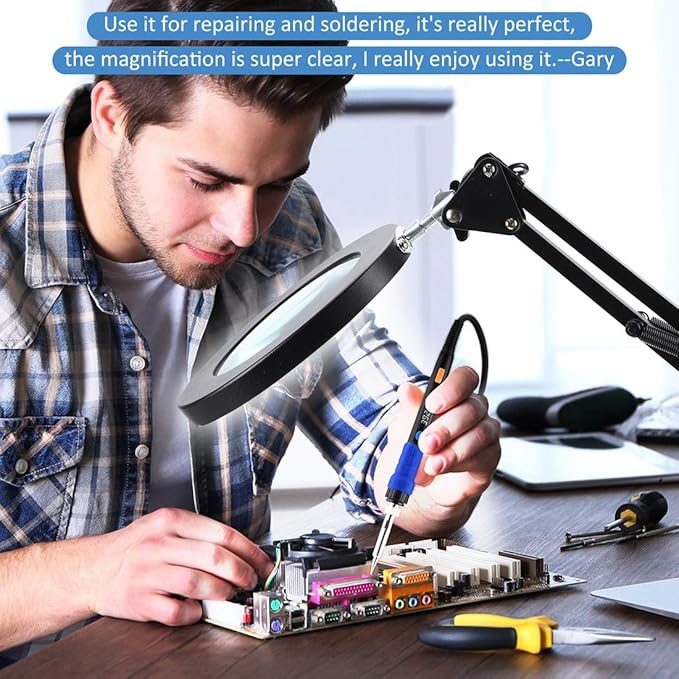 LANCOSC 10X Magnifying Glass with Light and Stand, Optical-Grade Glass Lens, 3 Color Modes Stepless Dimmable, Adjustable Swivel Arm, LED Magnifier Desk Lamp for Close Work Repair Crafts Reading, Black