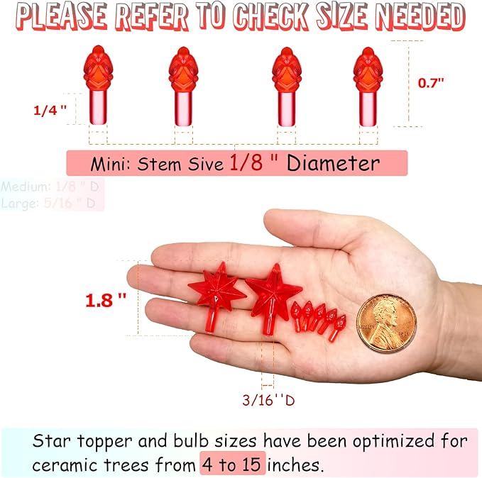 Red Replacement Lights Bulbs for Ceramic Christmas Tree, Mini Flame Light Ornaments for Ceramic Tree, Small Twist Pegs Accessories for Crafts, 2 Stars Treetopper＆177 Bulbs Set