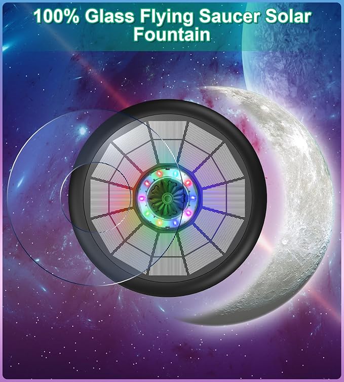 SZMP Solar Fountain Upgraded UFO Colorful Lights, 5W Solar Water Fountain Pump with 7 Nozzles & 4 Fixers, for Bird Bath, Garden, Pool, Outdoor Decor (Multicolor)