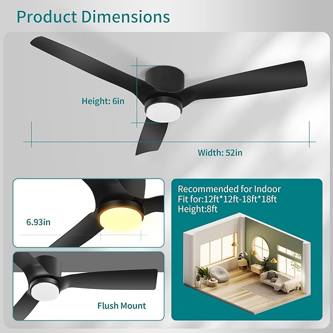 52inch Ceiling Fan with Lights,Flush Mount Ceiling Fan with Remote Control,Dimmable Light,3 Blade,6 Speeds,Mordern Black Ceiling Fan for Bedroom,Dining Room,Hallway