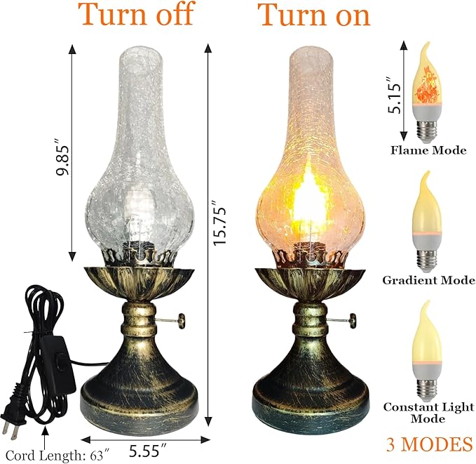 Vintage Table Lamp - 3 Modes Dimmable Retro Rustic Desk Lamp with Crackle Glass Shade, Antique Victorian Style, E26 Bulb Included, Ideal for Bedroom, Living Room, Home Decor (Transparent-Gold)