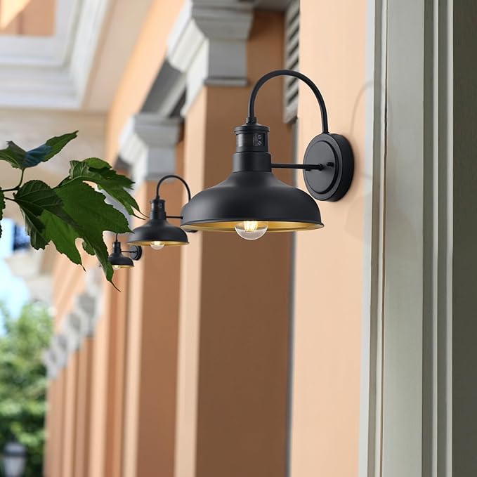 10in. Exterior Barn Style Motion Lights with Wall Mount, Dusk to Dawn Outdoor Motion Sensor Gooseneck Lighting Fixture for Farmhouse, Black Barn Porch Wall Lighting for Garage and House