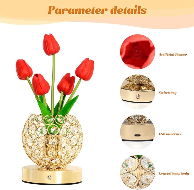 Tulip Crystal Flower Lamp Touch Lamp,Rechargeable Cordless Table Lamp, 3-Colour Infinitely Dimming Battery Powered Small Night Light,Gift for Mom for Valentine Day,Mothers Day,Xmas,Birthday (Red)