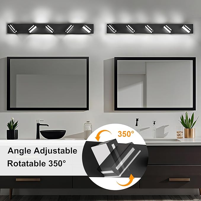 40-Inch 5-Light LED Modern Black Bathroom Vanity Light Fixtures Over Mirror, Bathroom Lighting Fixtures with Cool White 6000K, Vanity Wall Lights for Bath Restroom Powder Room