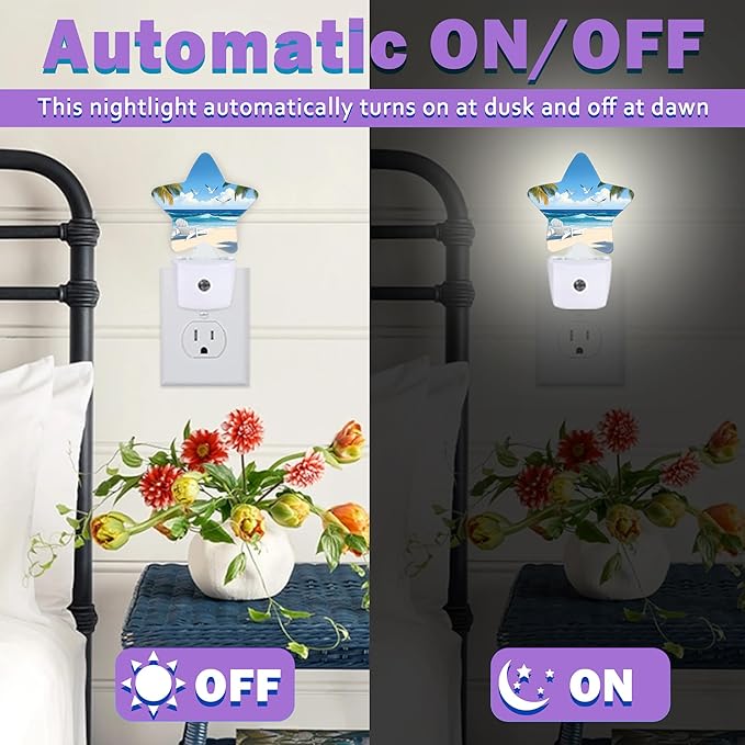 Energy Efficient Nightlights Plug In Wall, Summer Beach Night Light for Kids Bedroom Decorative, Tropical Palm Tree Seagull Dusk-To-Dawn Sensor Sleep Friendly Lamp for Nursery Bathroom Basement