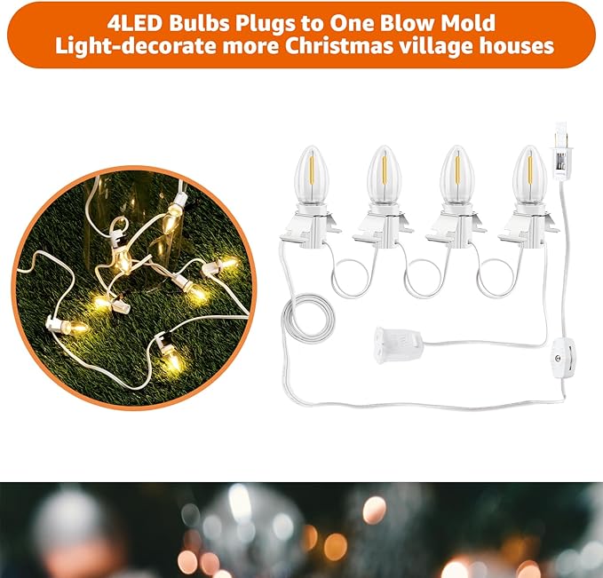 Christmas Village Lights with 4 Led Light Bulb, LED Light Bulb C7 Cord Clip Lights Christmas Halloween Cabin,Pumpkins,Outdoor Atmosphere Decoration, Holiday Craft Decorations