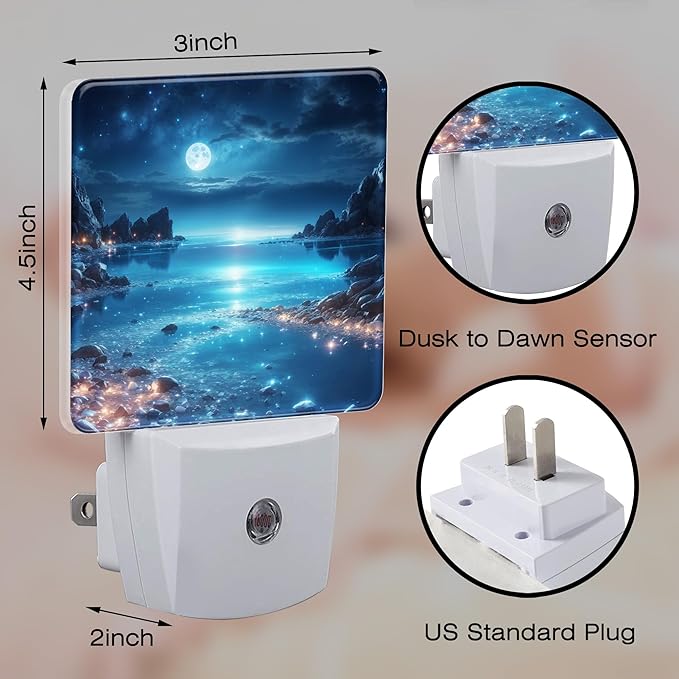Full Moon and Sparkling Lake Night Light Plug into Wall, Magical Beach Dusk to Dawn Night Light, 0.5w Energy Saving Sleep Friendly Nightlights for Kids Boys Girls Home Decor
