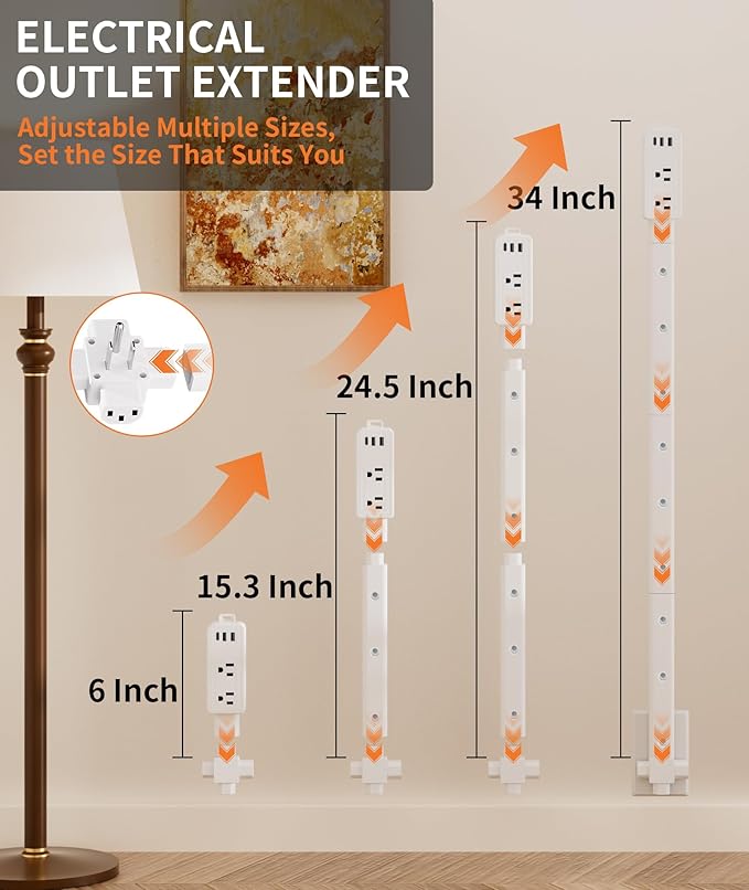 Electrical Outlet Extender Stick Features 2 USB-A, USB-C and 2 AC Outlets, Extendable 6", 15.3", 24.5", 34", for Hard to Reach Spaces Use Behind Couches, Nightstands, E-Sports Desks, and More