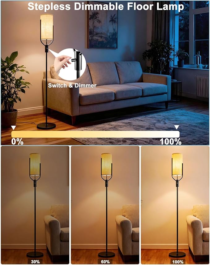 64.6IN Black Floor Lamp - Dimmable LED Floor Lamp with Linen Shade, 3000K Soft Warm White | Bulbs Included | Modern Tall Lamp for Living Room, Bedroom, Wedding & Party