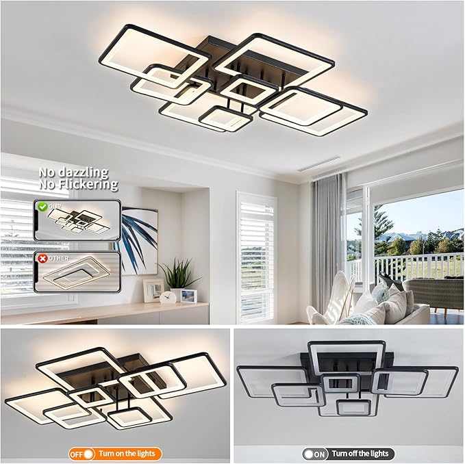 Modern LED Ceiling Light, Dimmable LED Chandelier Black Flush Mount Ceiling Lights, Remote Control Acrylic Ring Ceiling Lamp Fixture for Living Room Dining Room Bedroom, 8H-FANG-BL-04