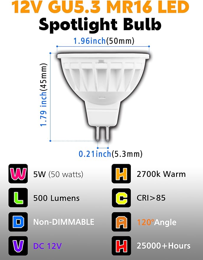 MR16 LED Bulbs Non-Dimmable 50W Halogen Equivalent, 2700K Warm White, 12V GU5.3 LED Spotlight Bulb, 120 Degree Flood Beam Angle for Landscape Track Ceiling Recessed Accent Lighting, 500LM, 6 Pack