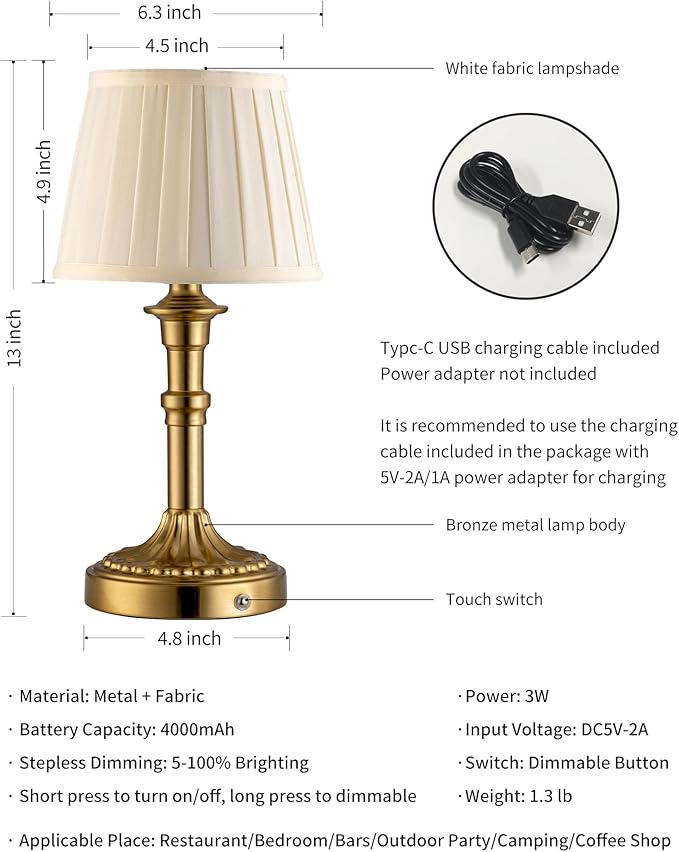 KDG Cordless Portables Table Lamp, LED Fabric Shade Small Desk Lamps, 4000mAh Battery Powered Lighting, 2700K Stepless Dimmable Light for Living Room, Dining Room, Bedroom, Bedside (Gold)