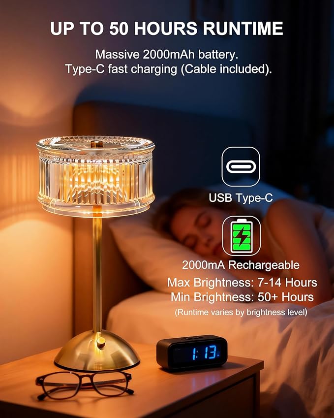 Cordless Table Lamp, Crystal Rechargeable Battery Operated Lamp, 3-Color Stepless Dimmable Touch Lamp, 2000mAh Portable LED Nightstand Lamp for Restaurant, Bedroom, Patio, Antique Bronze