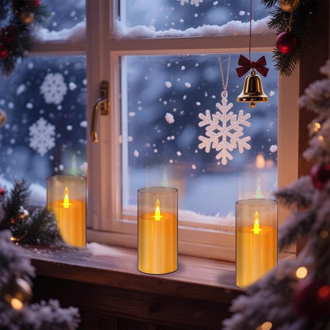 Flameless Candles 4" 5" 6" Set of 2 Acrylic Glass Pillars 3" Diameter Battery Operated Flickering Candles Include 8-Key Remote with Timer Function 400+ Hours (Amber, 2 Pack)