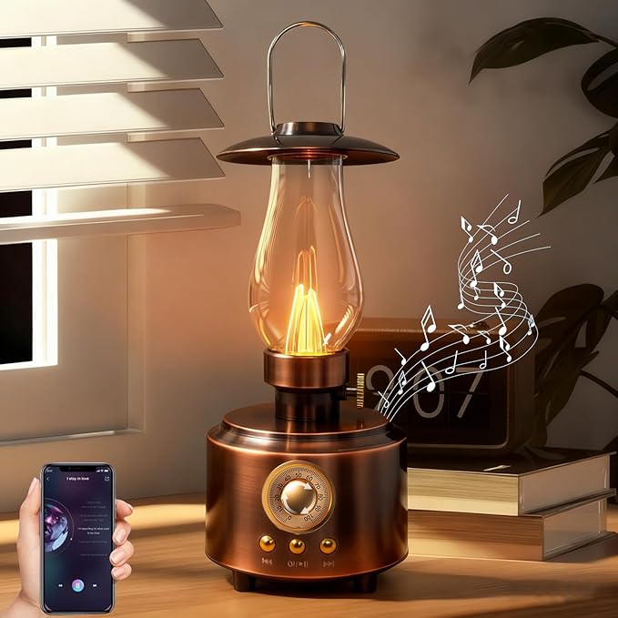 AVEKI Vintage Kerosene Table Lamp with Bluetooth Speaker, Infinitely Dimmable Rechargeable LED Lights for Bedroom, Waterproof Bedside Lamps for Camping Party Home Decor Gift (Vintage Copper)