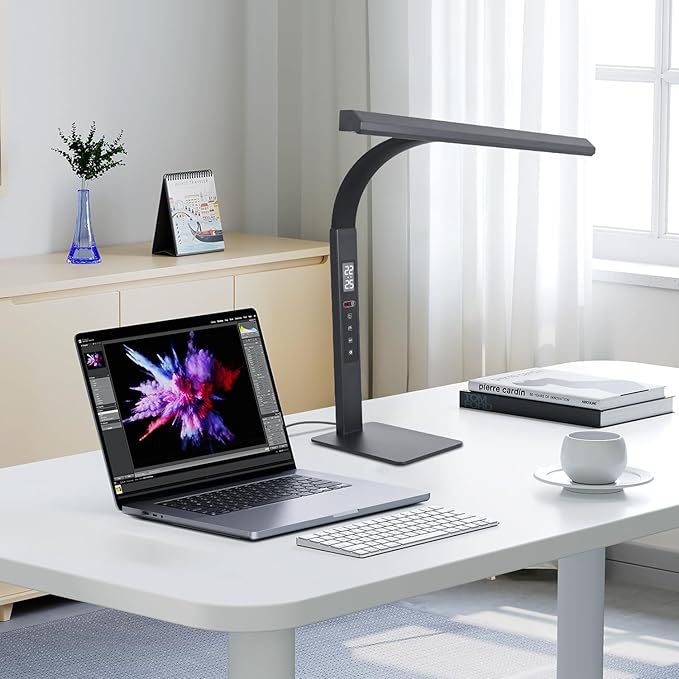 LED desk lamp for home office, architect computer work light,Touch color temperature stepless dimming and adjustable flexible gooseneck tube. desk lamp with clock , suitable for reading and studying.