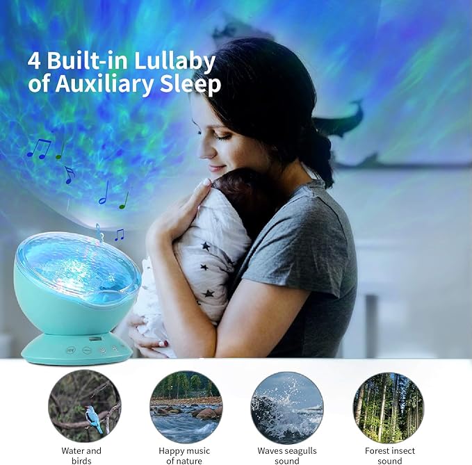 TOMNEW Night Light Projector, Ocean Wave Night Light for Kids Room, Remote and Timer, 8 Light Modes and Bulit-in Sound Machine Equipped with TF Card, Mermaid Decor Birthday Christmas Gifts (Blue)