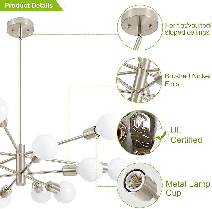 Sputnik Chandelier Modern Brushed Nickel Chandeliers 12-Light Mid Century Ceiling Lighting Fixture for Living Room, Kitchen, Bedroom, Dining Room, and Farmhouse