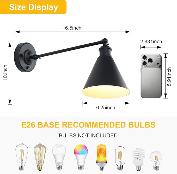 Industrial Vintage Slope Pole Wall Mount Single Sconce with Funnel Flared Metal Shade, Swing Arm Wall Sconce Light Lamp Fixture Hardwired