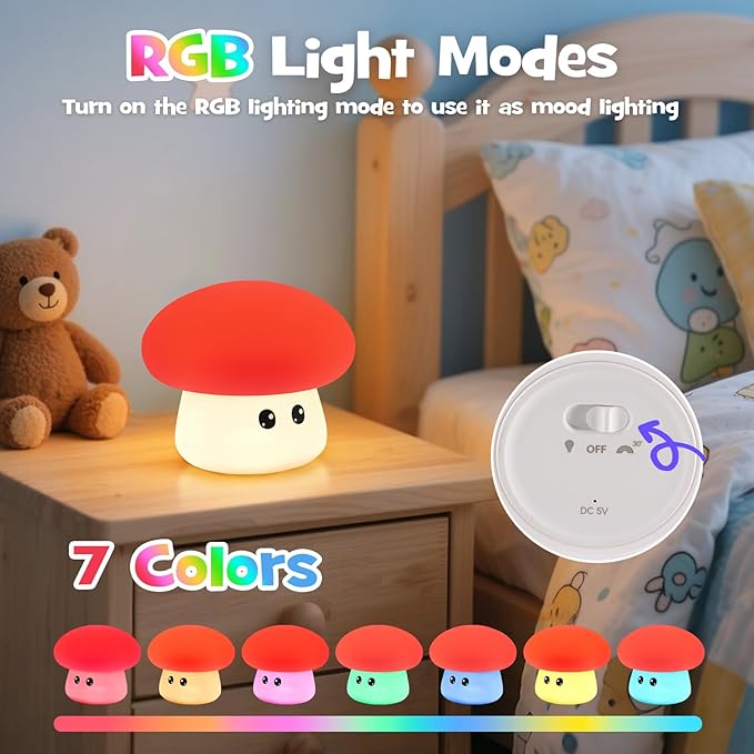 Squishy Big Eyes Mushroom Night Light with RGB Mode 3 Brightness Adjustable Nursery Breastfeeding Nightlight Cute LED Red Mushroom Lamp Rechargeable Silicone Touch Bedside Lamp for Bedroom Dorm Decor