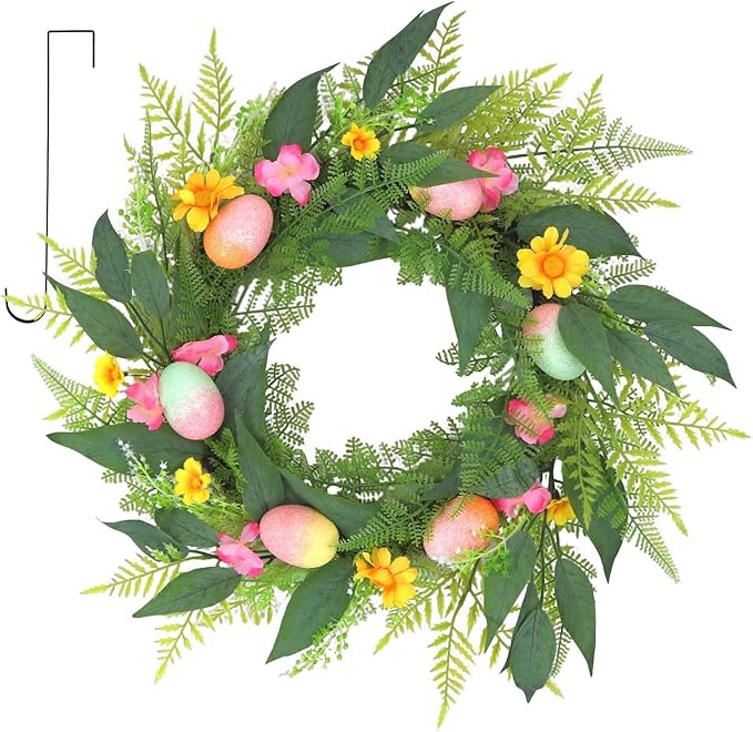20 Inchs Spring Easter Wreath, Farmhouse Artificial Spring Wreath, Decor with Colorful Easter Eggs, Yellow and Pink Flowers & Green Eucalyptus Leaves, for Door Wall Window Fences